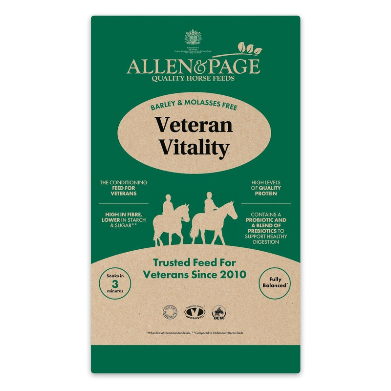 Allen & Page Veteran Vitality horse feed packaging on a white background