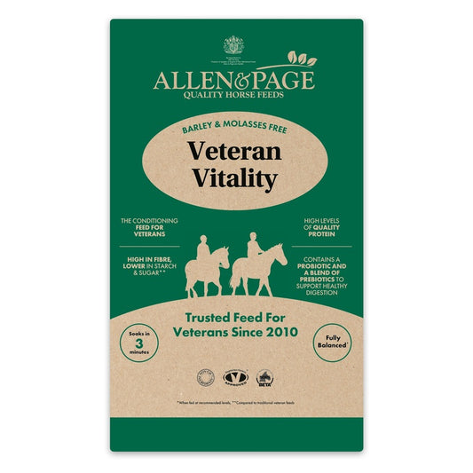 Allen & Page Veteran Vitality horse feed packaging on a white background