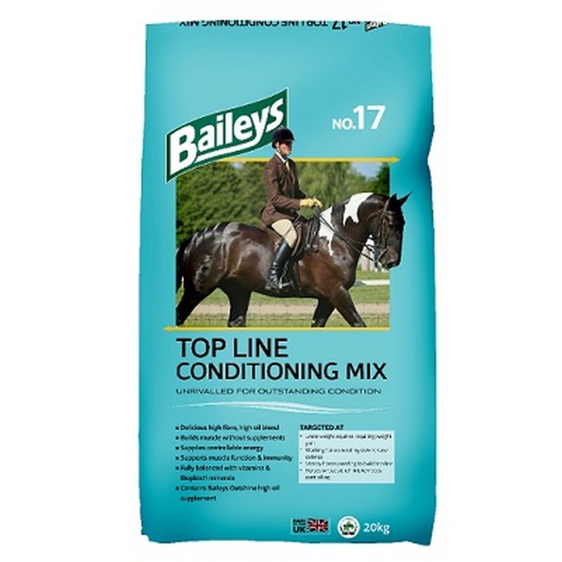 Baileys Top Line Conditioning Mix packaging with a horse and rider on a blue background