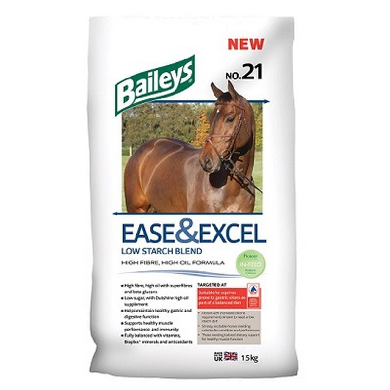 Bag of Baileys Ease & Excel horse feed with a horse on the label.