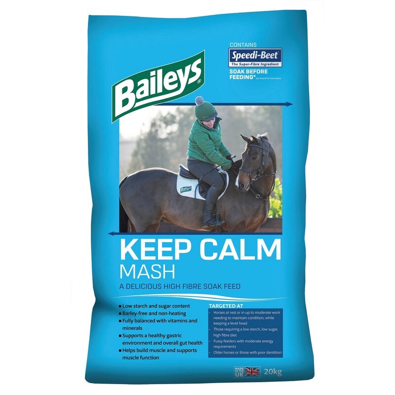 Bag of Baileys Keep Calm Mash horse feed with a person on a horse.
